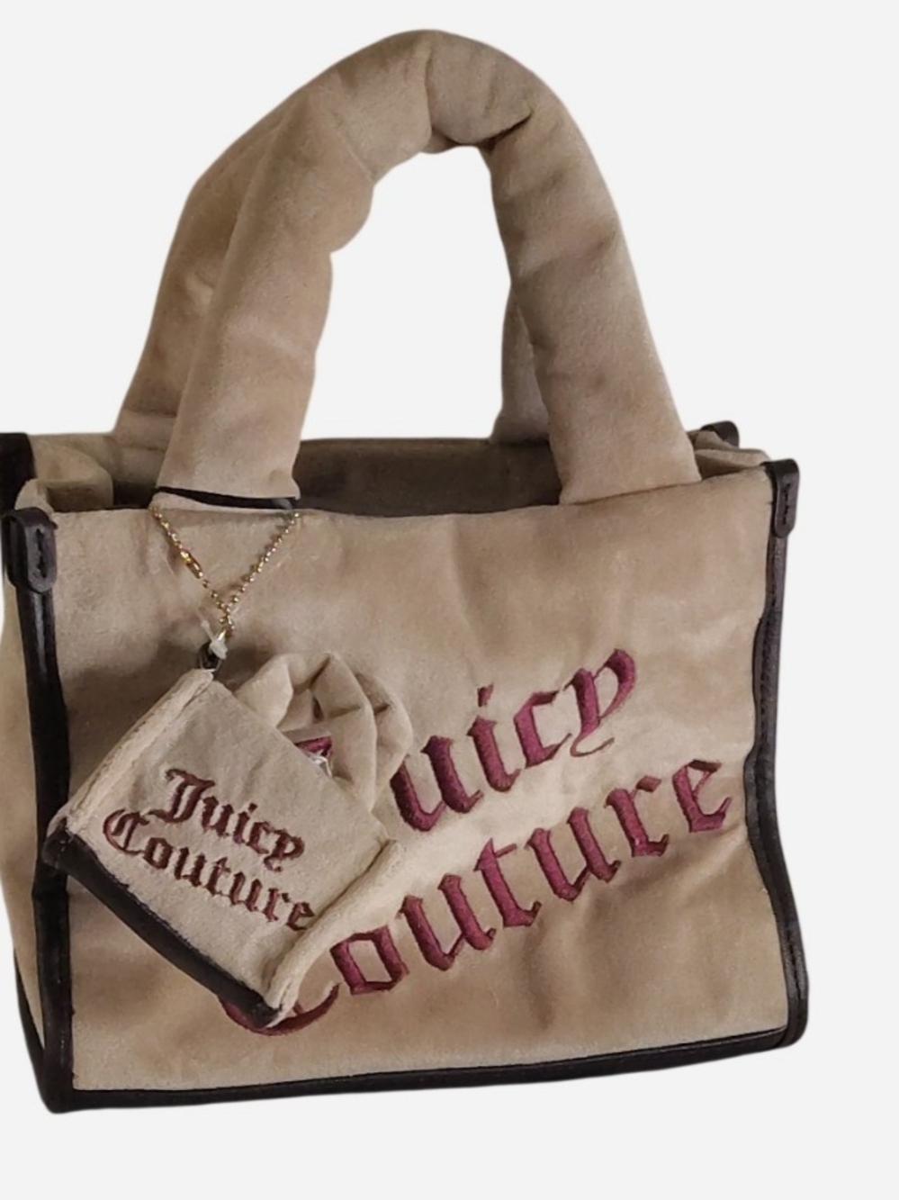 Juicy Couture Beige Suede Tote with Pink Logo Embroidery